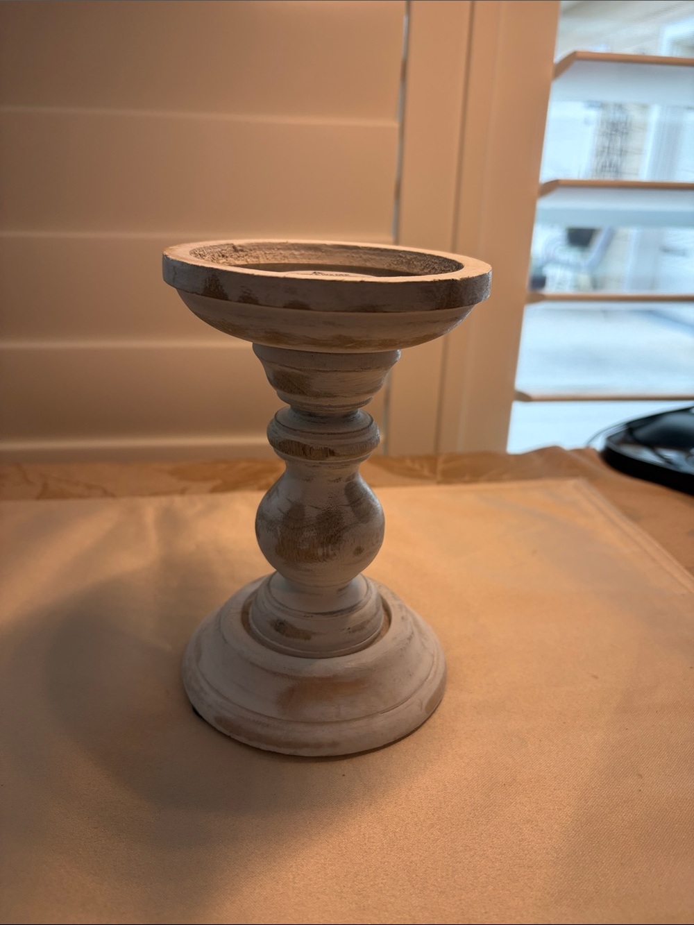 Six inch White Distressed Wood Pillar Candle Holder.